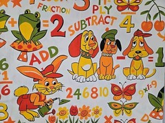 Vtg House ‘N Home Fabrics Children’s Novelty Fabric 1.1 Yd Math Theme Dogs Frogs