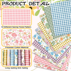 10 Pcs Floral Gingham Quilting Fabric Bundles 20 X 20 Inch Colorful Flower Fat Q