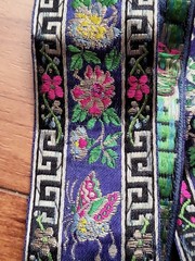 Vtg Silk Chinese brocade and jacquard ribbons Trims. Flower and Butterfly