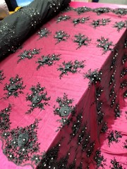 Black 3D Floral Lace Embroidered Rhinestones in a Mesh Lace Fabric By Yard