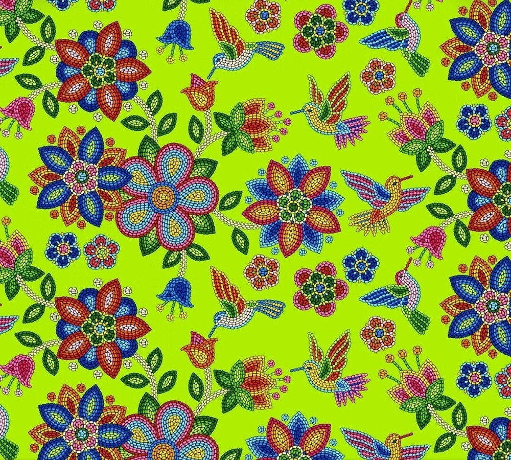 Elizabeth Studio Tucson Lime Green Hummingbird Flower Quilt Fabric by the Yard