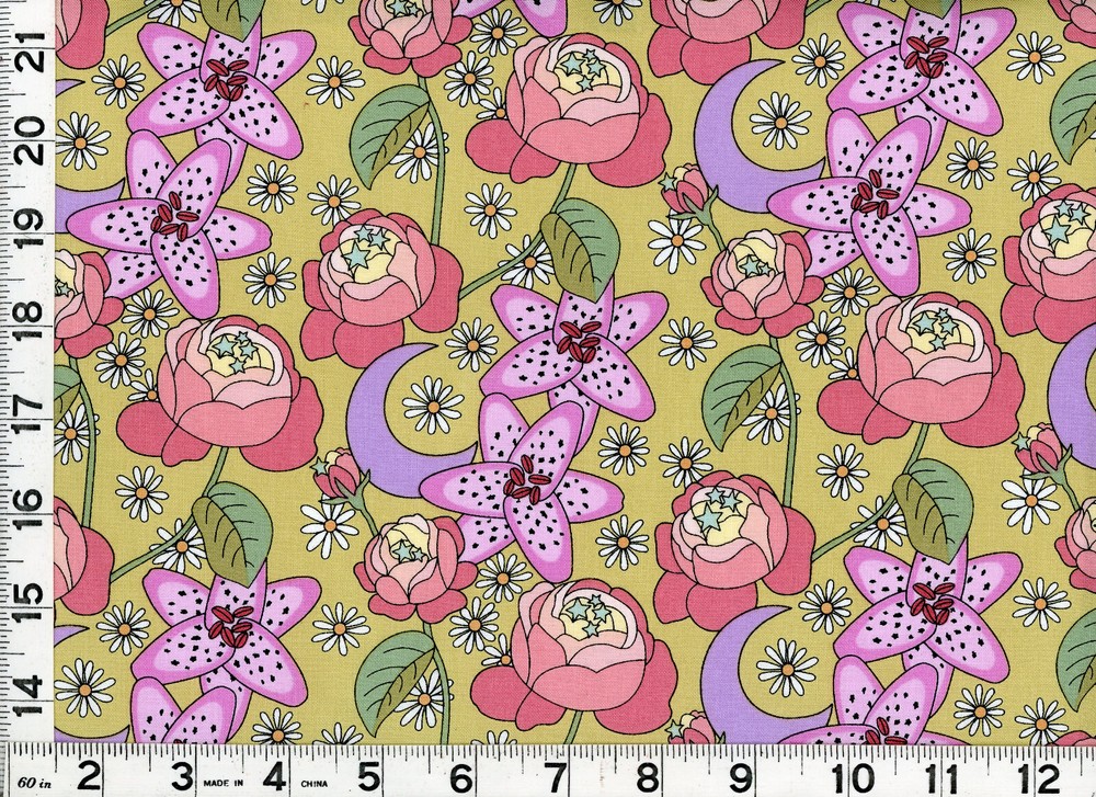 Red & Wine Flowers w/ Daisies on Light Green Quilting Sewing Fabric by Yard #887