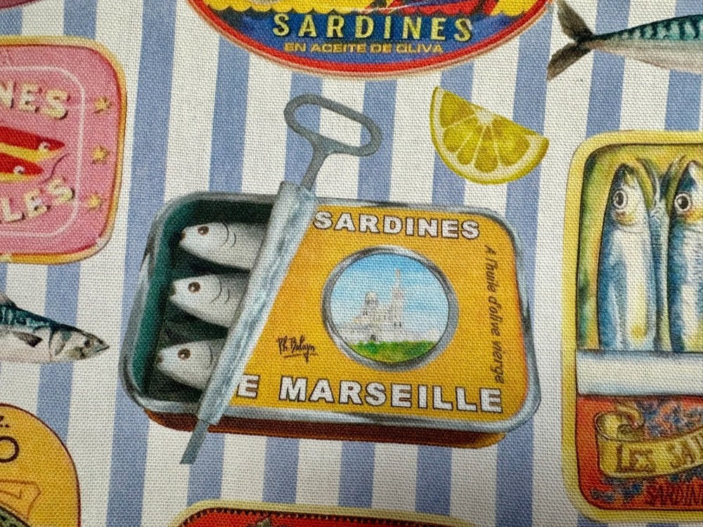 Retro Sardine Tin Fabric Fish Can Vintage Cotton for Kitchen Decor Crafts 140cm