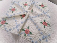 Pink Roses in Winter Vtg Chenille Bedspread Fabric Romantic Floral Dot 22″ x 20″