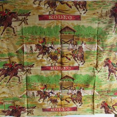 vtg Western Rodeo Fabric Cowboys Horses Ranch Fort Fence 36″ x 44″