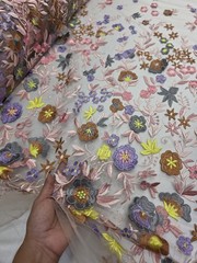 Fabric By The Yard Lace Embroidery Multicolor Pink Lavender 3dFloral Nude Mesh