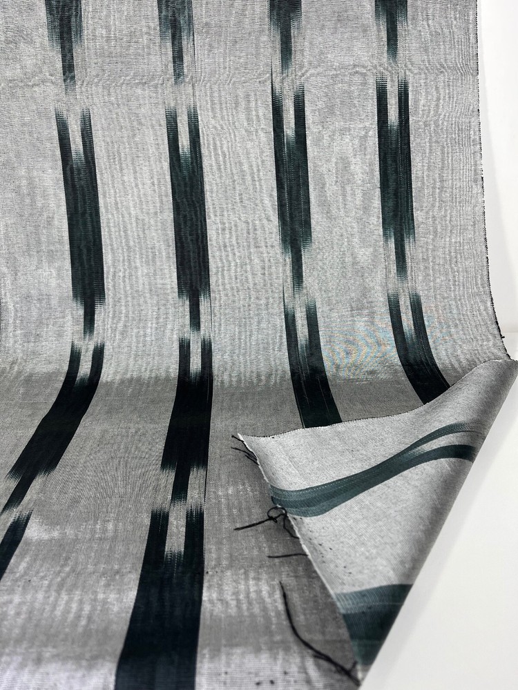 Luxurious Silver Silk Moire Fabric By 2 Meters, Ikat Pattern Green Kutnu.