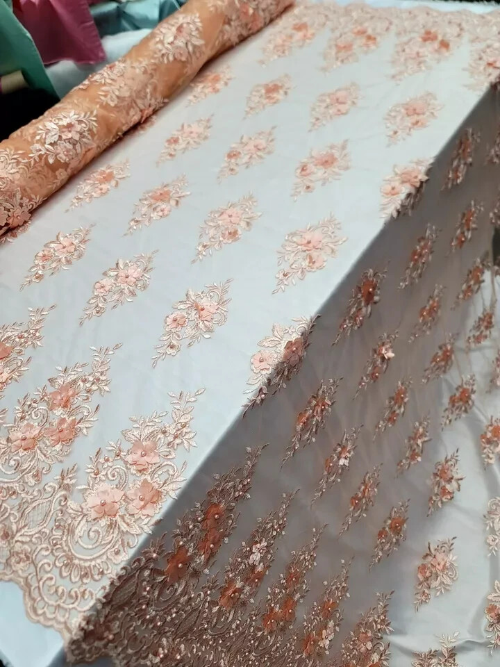 Peach 3D Floral Lace Fabric with Pearls & Scalloped Mesh by the Yard