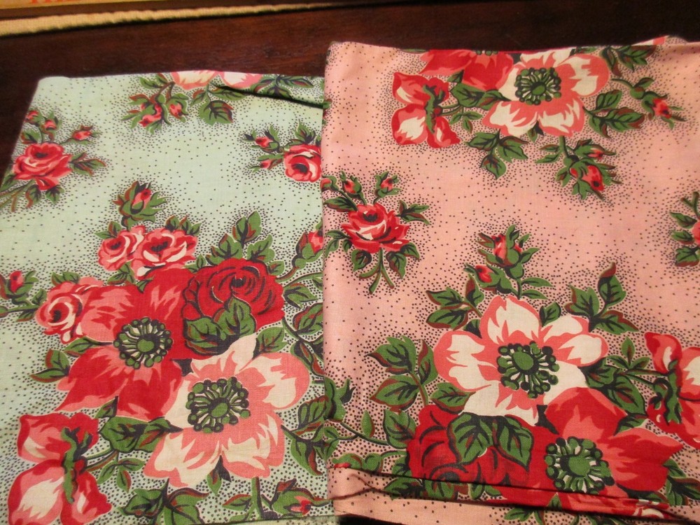 Lot of 2 Older Vintage Cotton Fabrics Scraps Pieces Green & Pink Forals