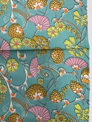 1970 Aqua Polyester Pinecone Fabric Orange Green Groovy Fan Shell 57” x 45”