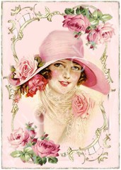 Victorian Pink Hat & Roses Vintage Shabby Chic 8×10 Cotton Cottage Fabric Block