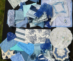 Fabric Scrap Bundle Blue Junk Journal Slow Stitch Lace Embroidery Sewing Vintage