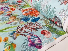 Aqua Sea World Coral Fabric Curtain Cotton Material Marine Seahorse Shell -140cm