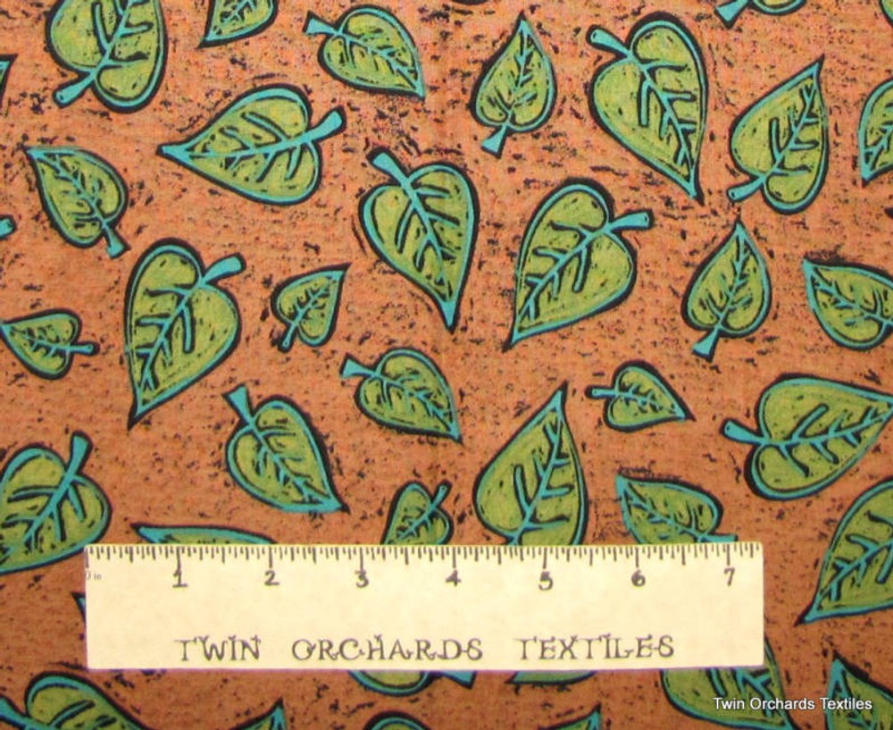 Cotton Fabric Green Leaves on Earthy Brown YARDS BTY