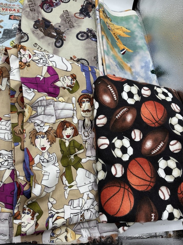 Novelty Print Fabric Lot Superhero Sturgis Route 66 Sports Vintage Pinup