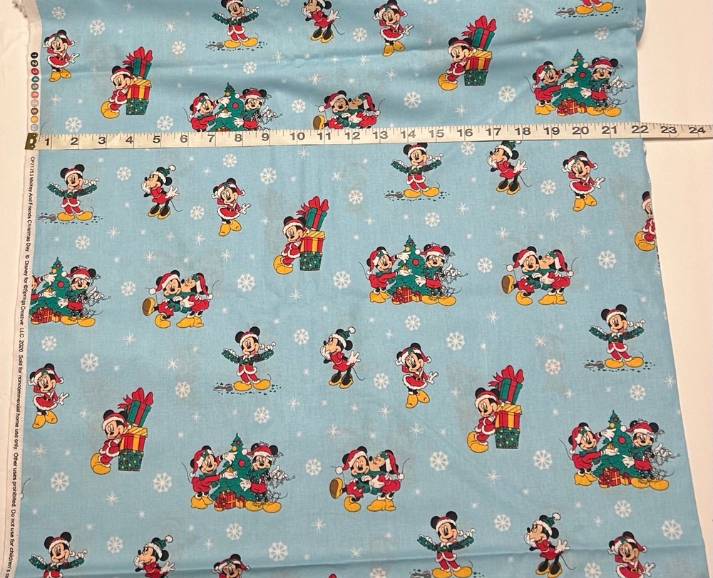 NEW Cotton Fabric Mickey and Friends Christmas Day on Light Blue – HALF YARD