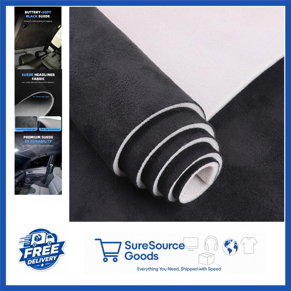 Black Suede Auto Head Liners 96″ L × 60″ W Foam Backing for Cars Trucks