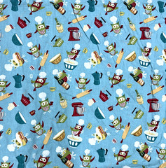 Retro Owls Chef Hats Cooking Kitchen Theme Blue Cotton Fabric BTHY #61