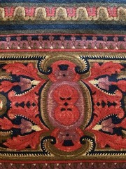 VTG Art Nouveau Design Hands Lion Head Red Brown Plum on Navy Border Fabric 4.8Y