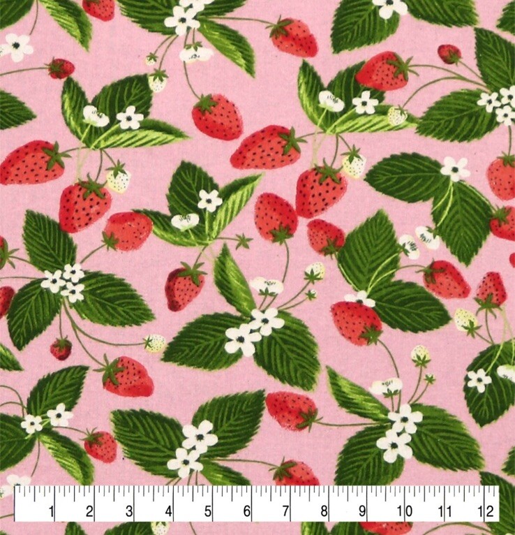 Strawberry Vine Retro Vintage Strawberries Pink Red Fruit Garden Cotton 1/2 Yd