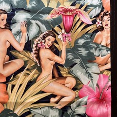 Alexander Henry Fabric Yd Mirage Sexy Pinup Island Girls Hibiscus Palm Leaves