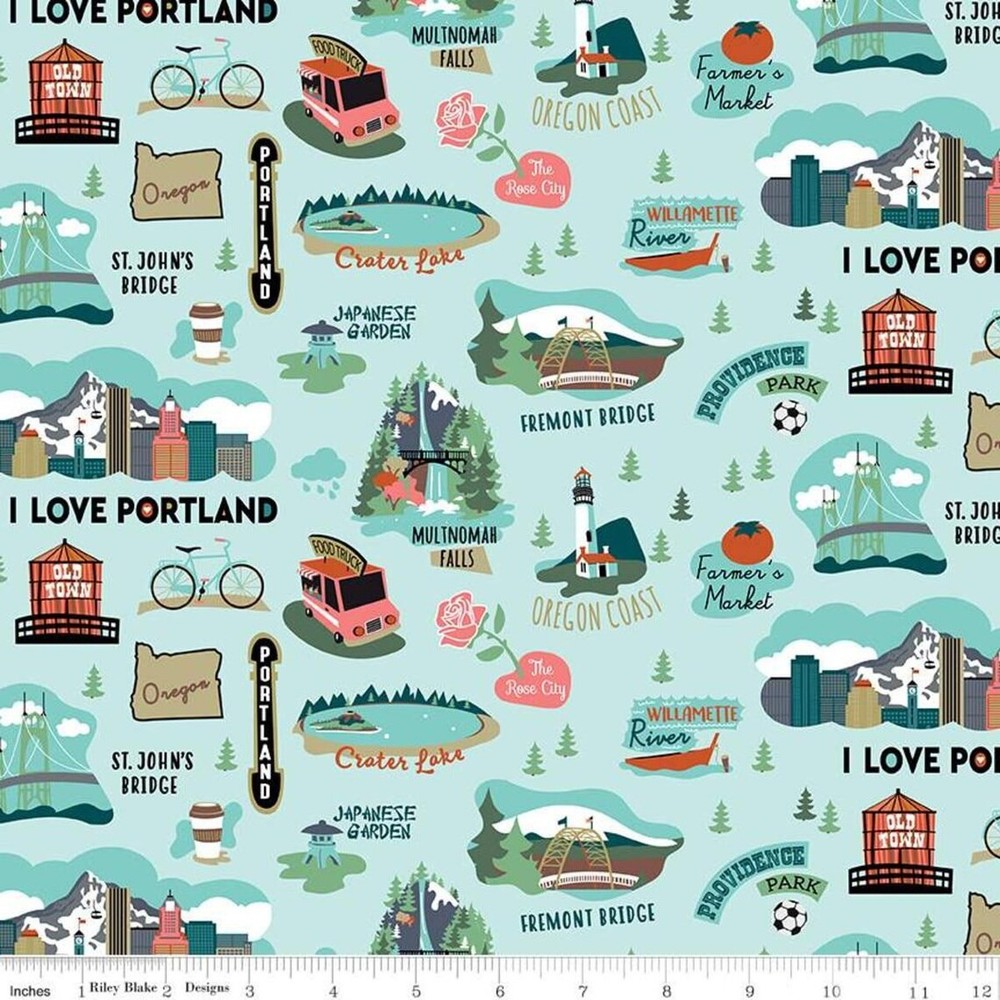 Riley Blake Designs I Love Oregon Aqua – Sold By The Half Yard
