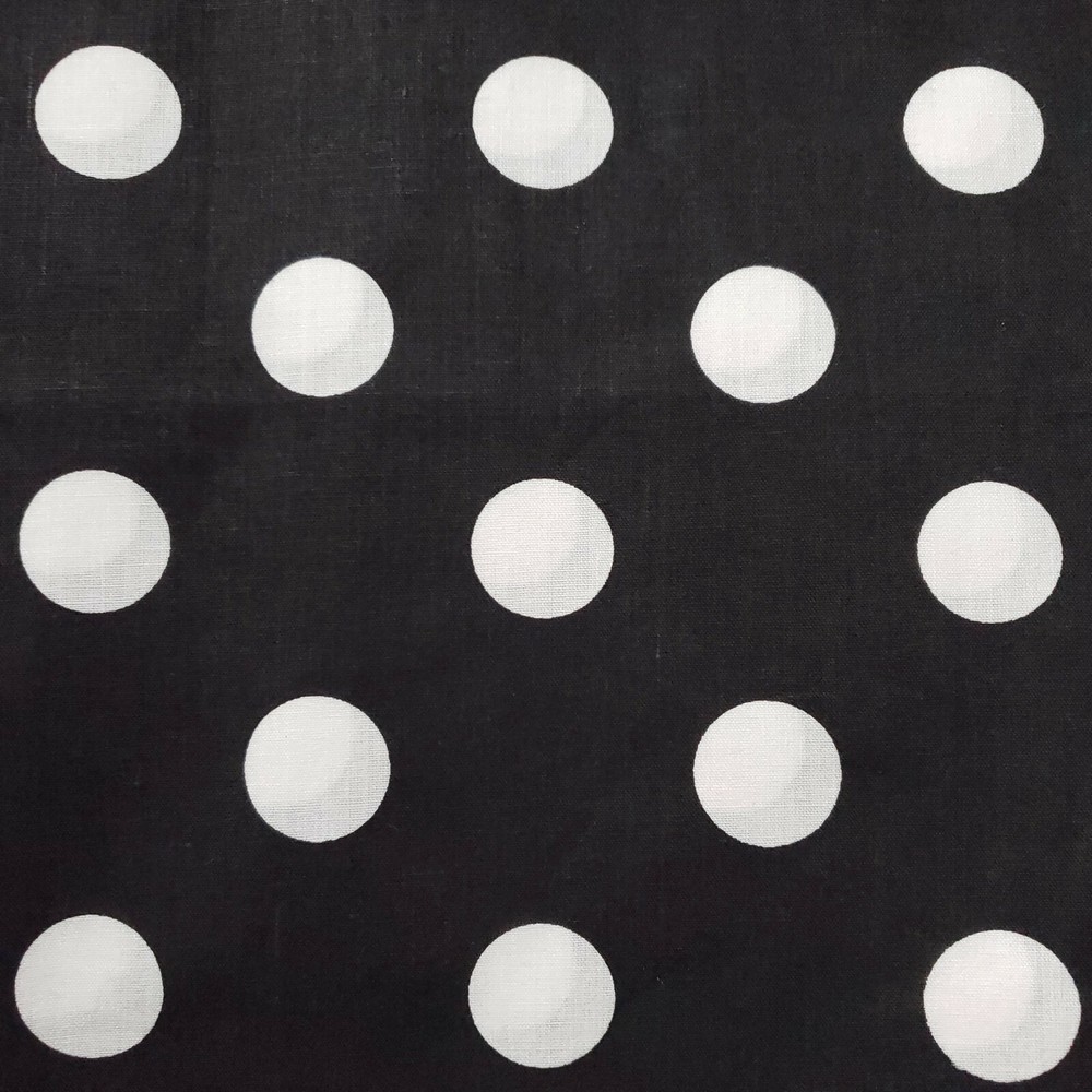 WHITE POLKA DOT ON BLACK POLY COTTON FABRIC ONE INCH DOT 58″ BY THE YARD