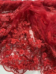 3D Floral Lace Fabric Luxury Red Beaded Embroidered Bridal Evening Dress