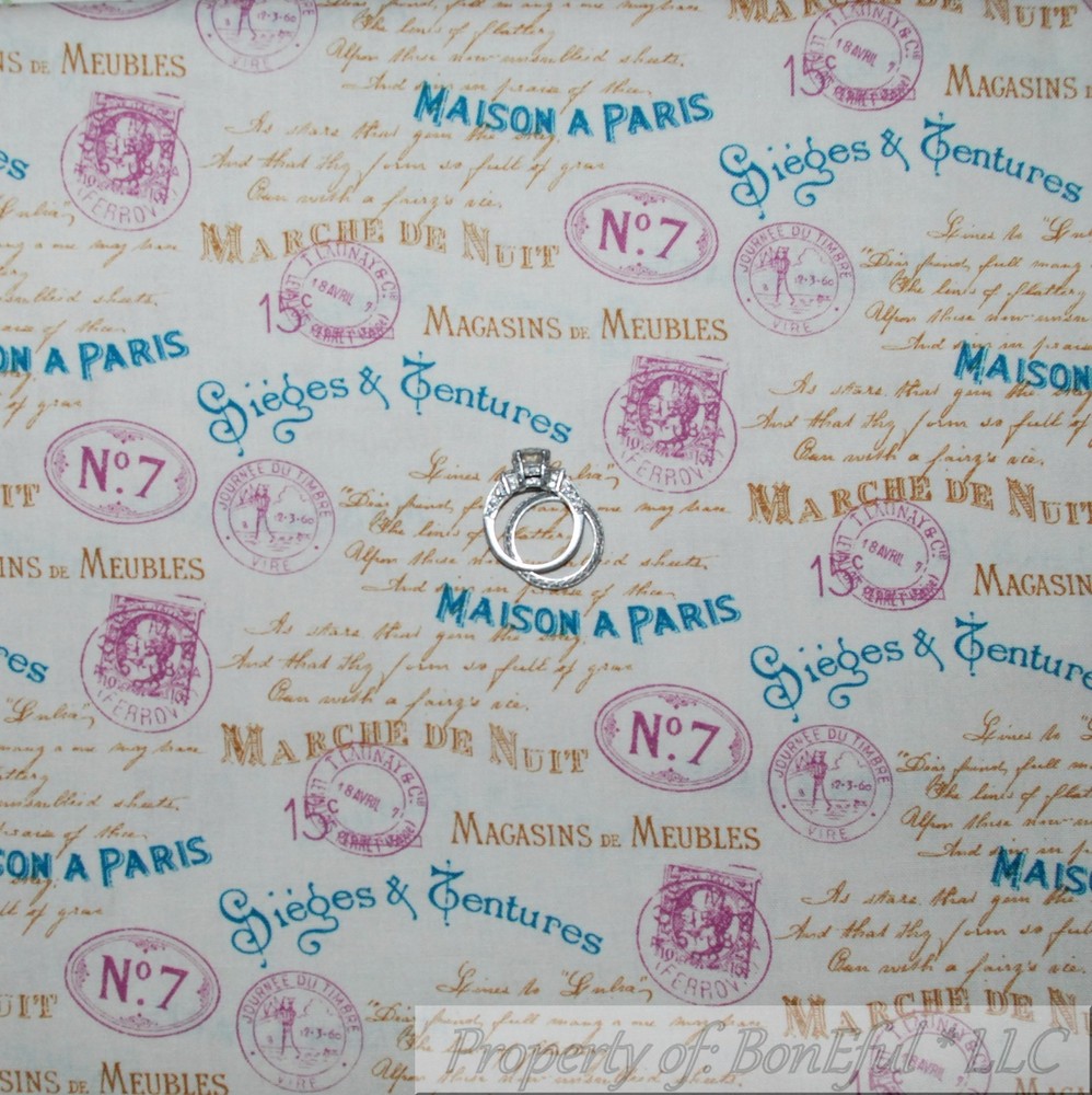 BonEful Fabric FQ Cotton Quilt VTG Cream Blue Gold Pink Shabby Chic French Word