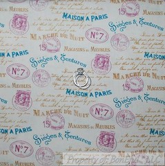 BonEful Fabric FQ Cotton Quilt VTG Cream Blue Gold Pink Shabby Chic French Word