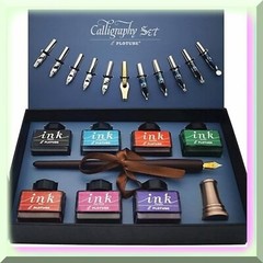 Calligraphy Set with Wooden Dip Pen and Ink Bottles