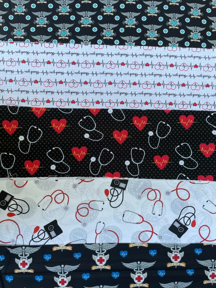 FAT QUARTER EKG MEDICAL, NURSE, DOCTOR, & STETHOSCOPES (18″ x 21″) QUILT FABRIC
