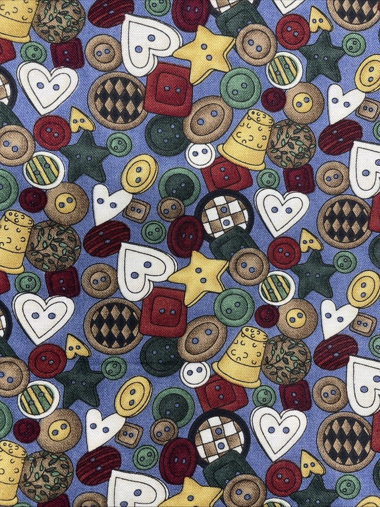 Material Girls Buttons Print Fabric Cotton Moda 1 2/3 Yd Piece Hearts Dark