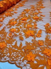 Orange 3d Lace Fabric Sold By The Yard Embroidered Pearls 3d Floral Prom Bridal
