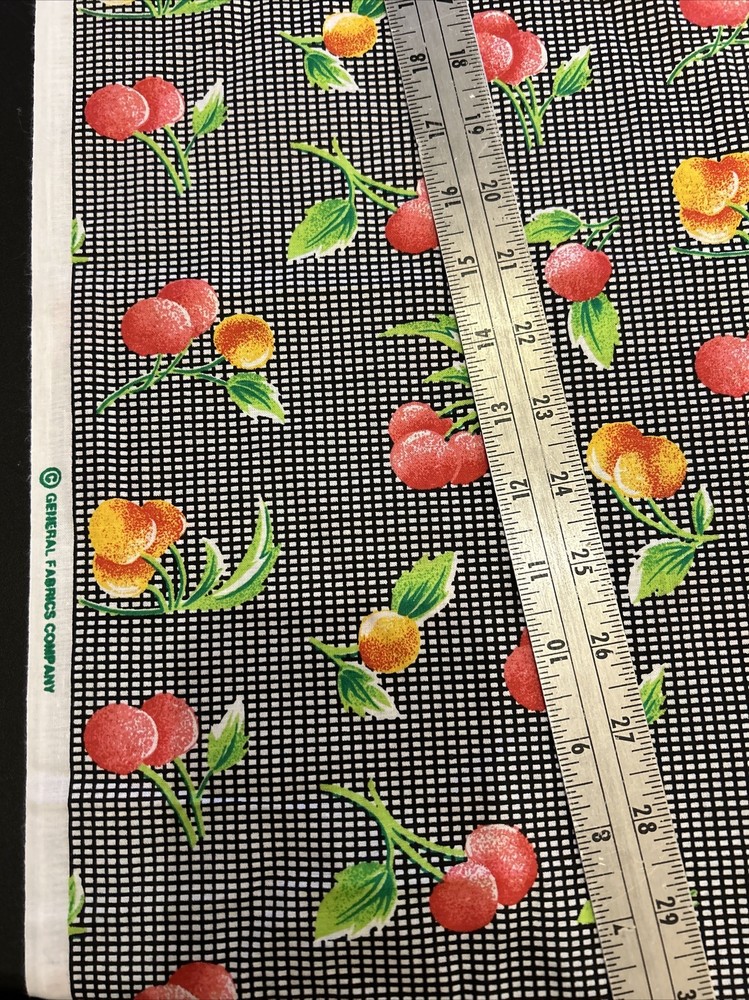 Vintage General Fabrics Cotton Fruit On Black & White 1/2 Yard (18 By 44”)