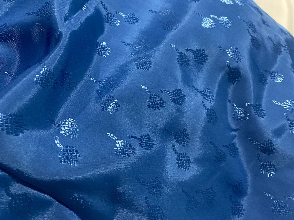 Vintage polyester fabric with embossed leaf design solid blue 3 yds x 45″