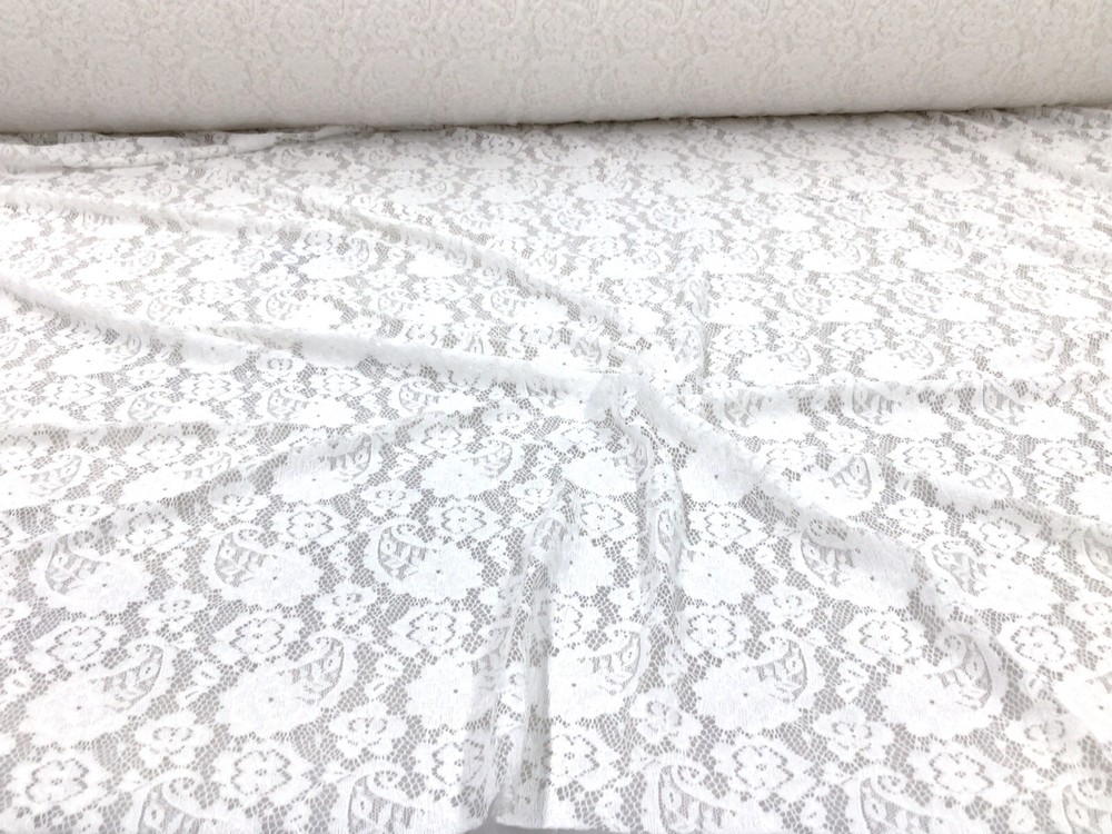Embroidered Stretch Lace Apparel Fabric Sheer Eggshell White Paisley Floral OO51