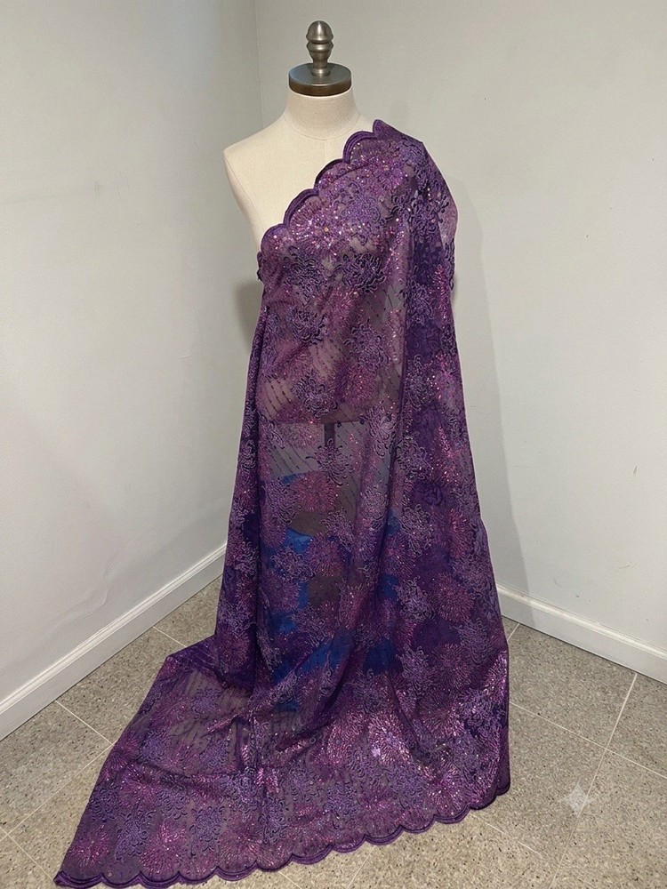 1.5 Yard Purple Silver Sequins Embroidered Lace Fabric 50” Width