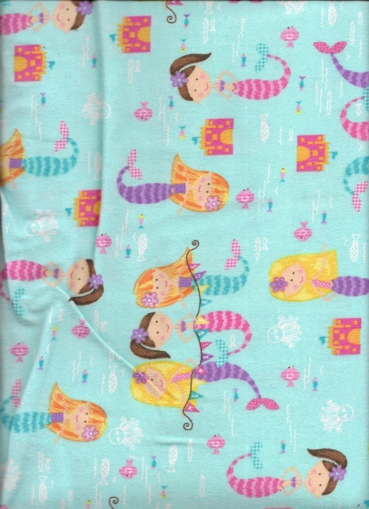 New Aqua Mermaids with Fish & Castle Flannel Fabric by the Half-Yard