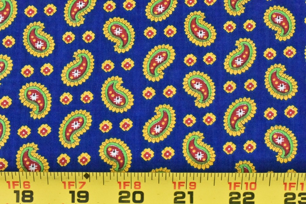 By 1/2 Yd, Vintage, Red Yellow Green Paisley on Royal-Blue Quilt Cotton, P5513