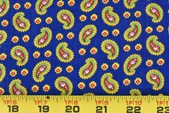 By 1/2 Yd, Vintage, Red Yellow Green Paisley on Royal-Blue Quilt Cotton, P5513