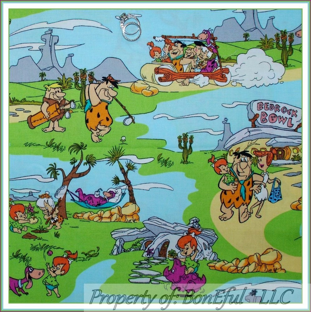 BonEful Fabric FQ Cotton Scenic Bedrock Bowl Flintstones Family VTG Dino Cartoon