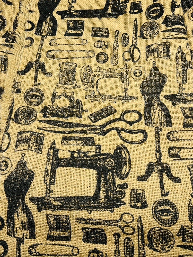 Sewing Theme Burlap Fabric Beige Black 1+ Yard x 48” Scissors Pins Mannequin