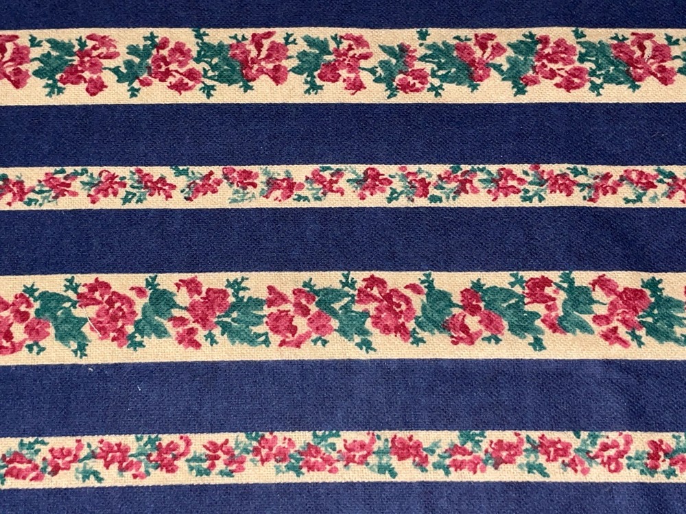 By 1/2 Yd Vintage Floral Stripe Cotton BTHY Fabric Blue Red Roses Buds