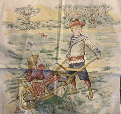 VTG 1900`s Children Cart Doll Landscape Panel Pillow Framed Art or Quilt Square