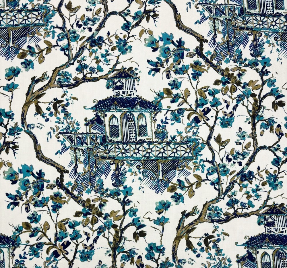 LINO TEXTILES GRACE ASIAN TEMPLE CREWEL FLORAL BRANCH FABRIC 6.75 YARDS 54″W