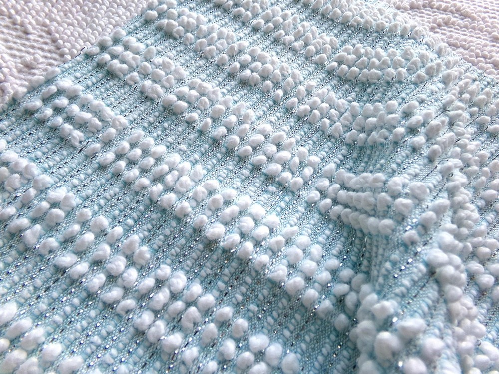 mermaid mist blue vtg chenille bedspread fabric silver lurex pearl pops 18×24″