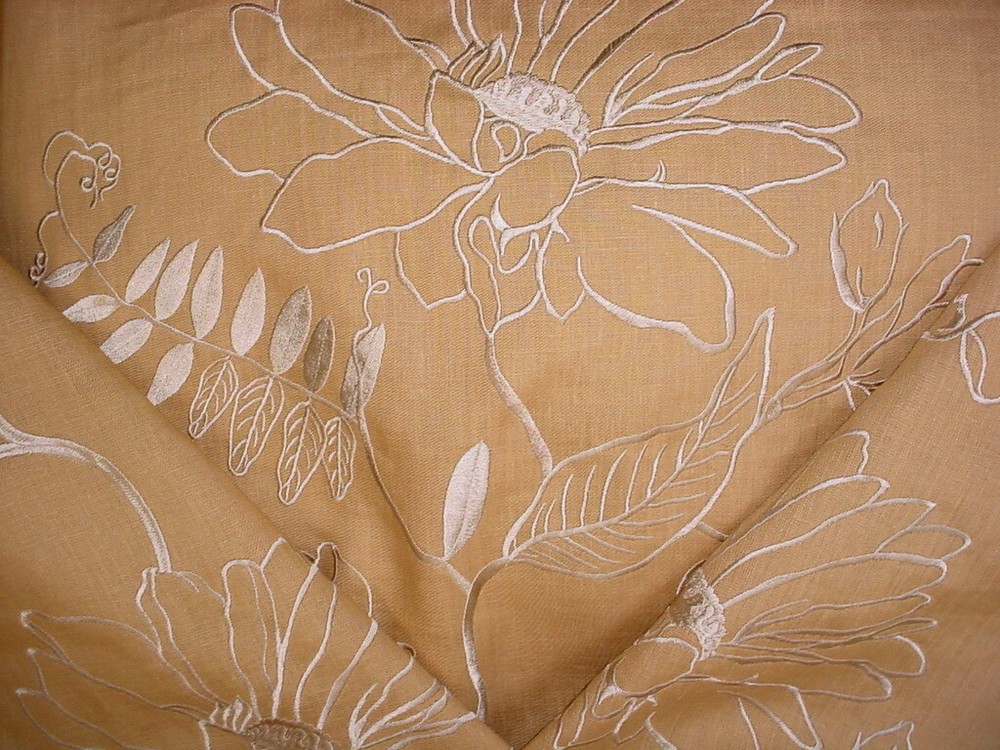 13-3/8Y Mulberry FD553 Hutton Linen Gold Embroidered Floral Upholstery Fabric