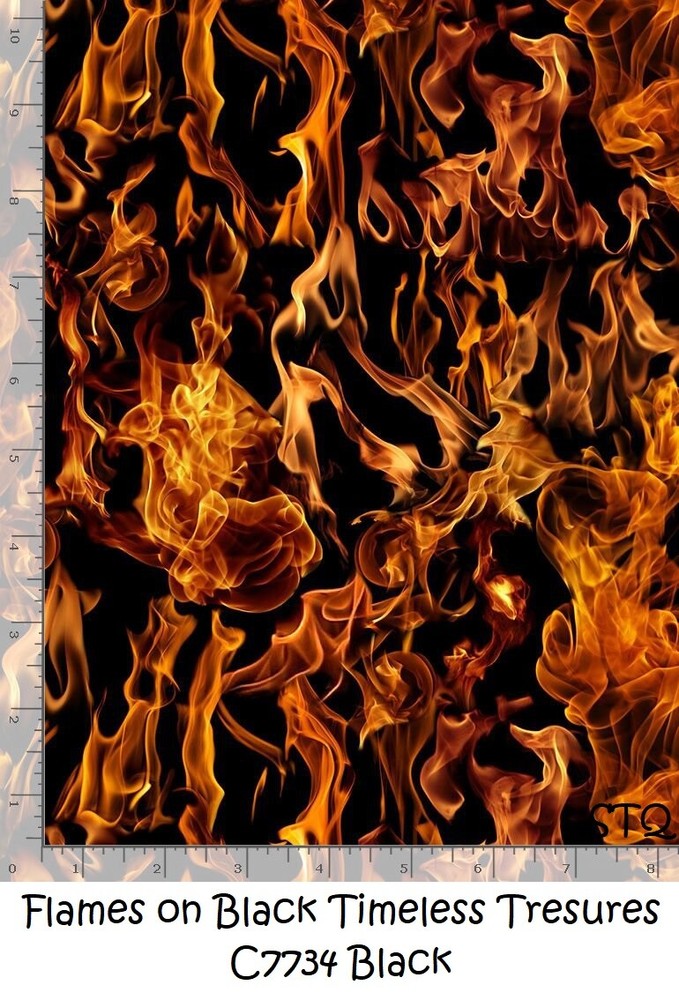 Fire Flames on Black cotton quilt fabric BTY Timeless Treasures C7734 Black