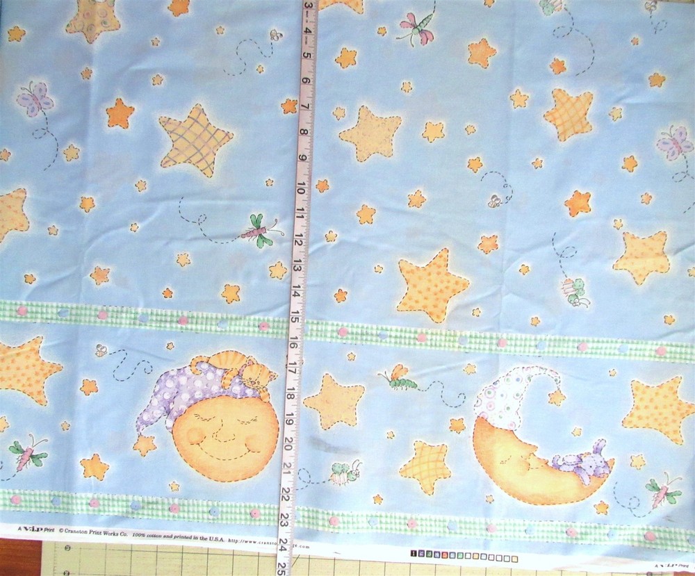 1 yd 100% Cotton Fabric Single Border Light Blue with Moons Dragonflies & Stars